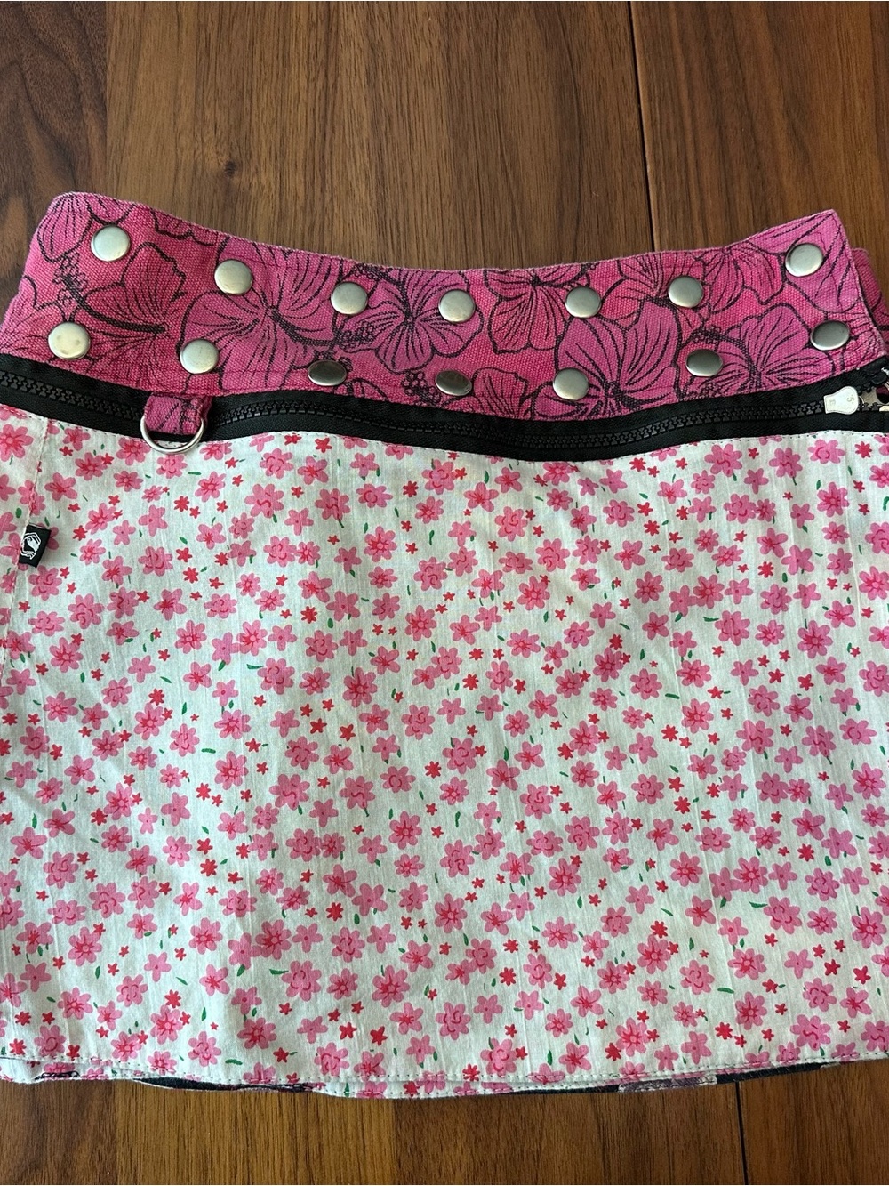 Pink Floral Mini Skirt with Studded Waistband
